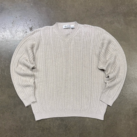 Vintage IZOD Men’s XL V-Neck Cable Knit Sweater Ivory Preppy Pullover Hong Kong - Picture 2 of 9
